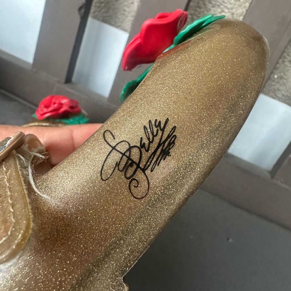 Mini Melissa Gold Glitter Mary Janes with Red Rose Accent - Picture 4 of 8